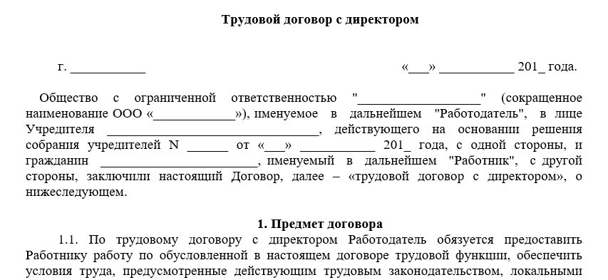 Трудовой договор с директором, образец