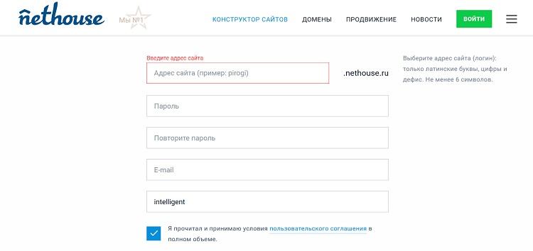 Заполнение формы перед созданием сайта
